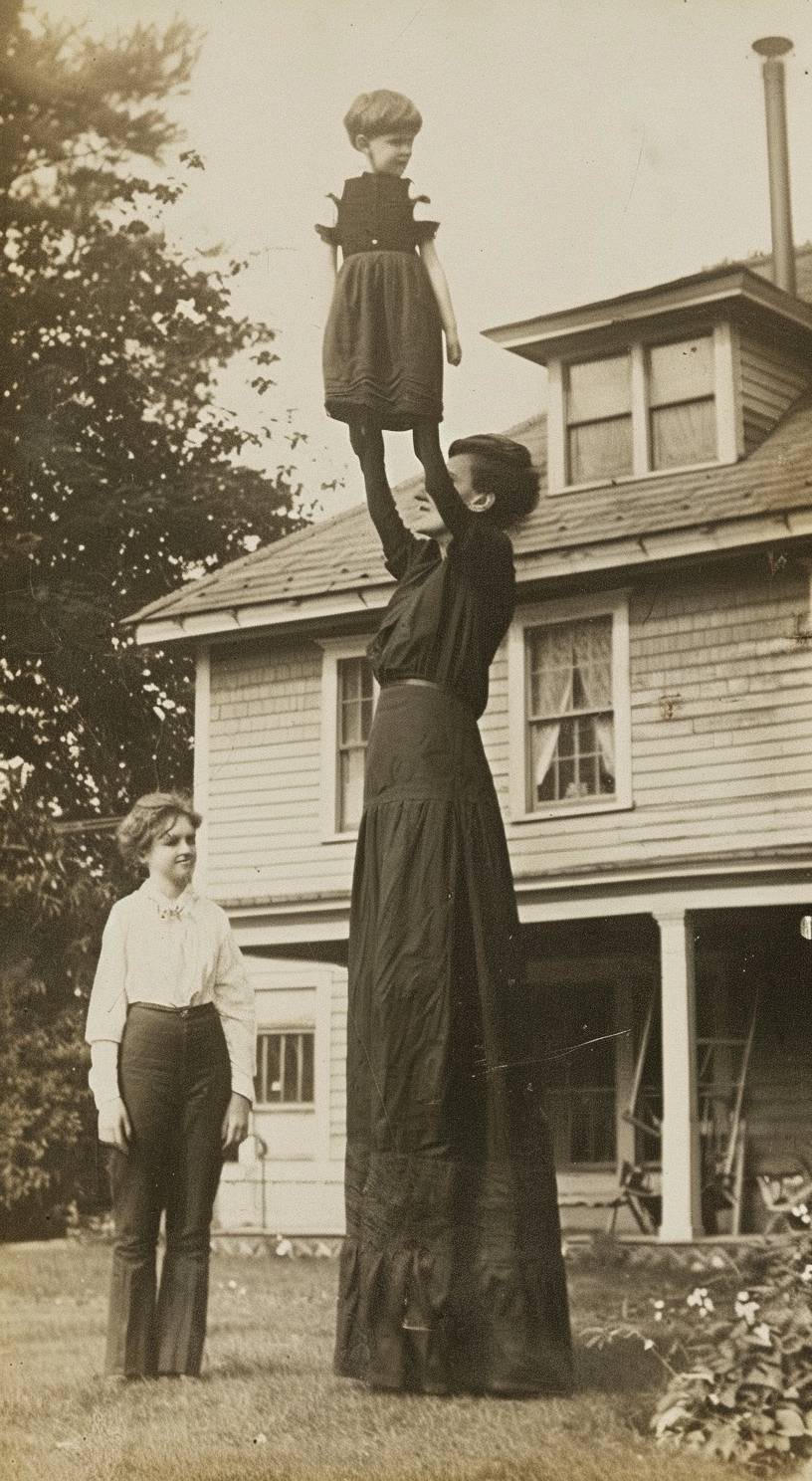 A vintage photo of the long legs and stilt-like feet of an extremely tall woman, holding up her shorthaired daughter with one hand, standing in the front yard of a house, taken in the 1920s, creating a creepy horror scene.