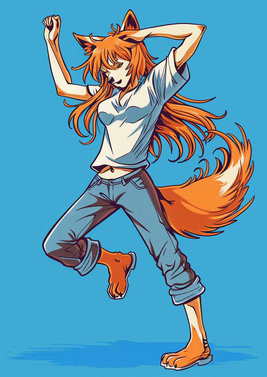Spice and Wolf, dancing orange haired Holo character illustration, blue background, Keith Haring style doodle, Sharpie illustration, midline and solid color, simple details, minimalist.