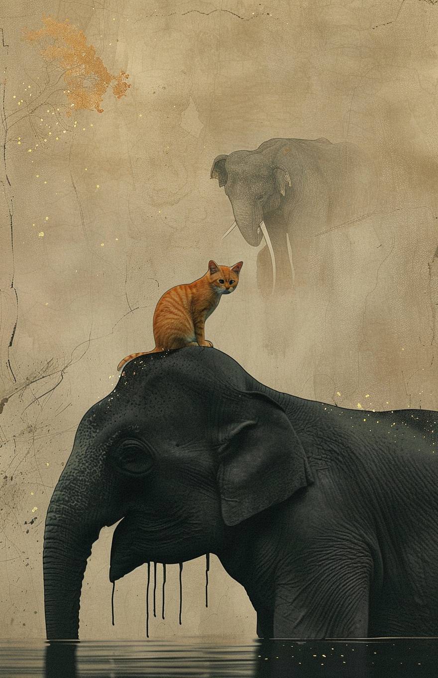 A cat on the back of an elephant, mystery, other animals, minimalistic painting