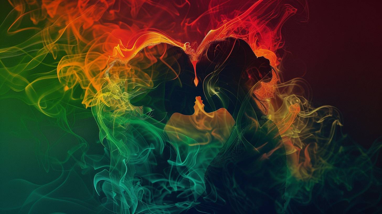 赤、橙、緑色で形成された煙が、抱擁する二人を表現したカラフルなデジタルアートスタイル