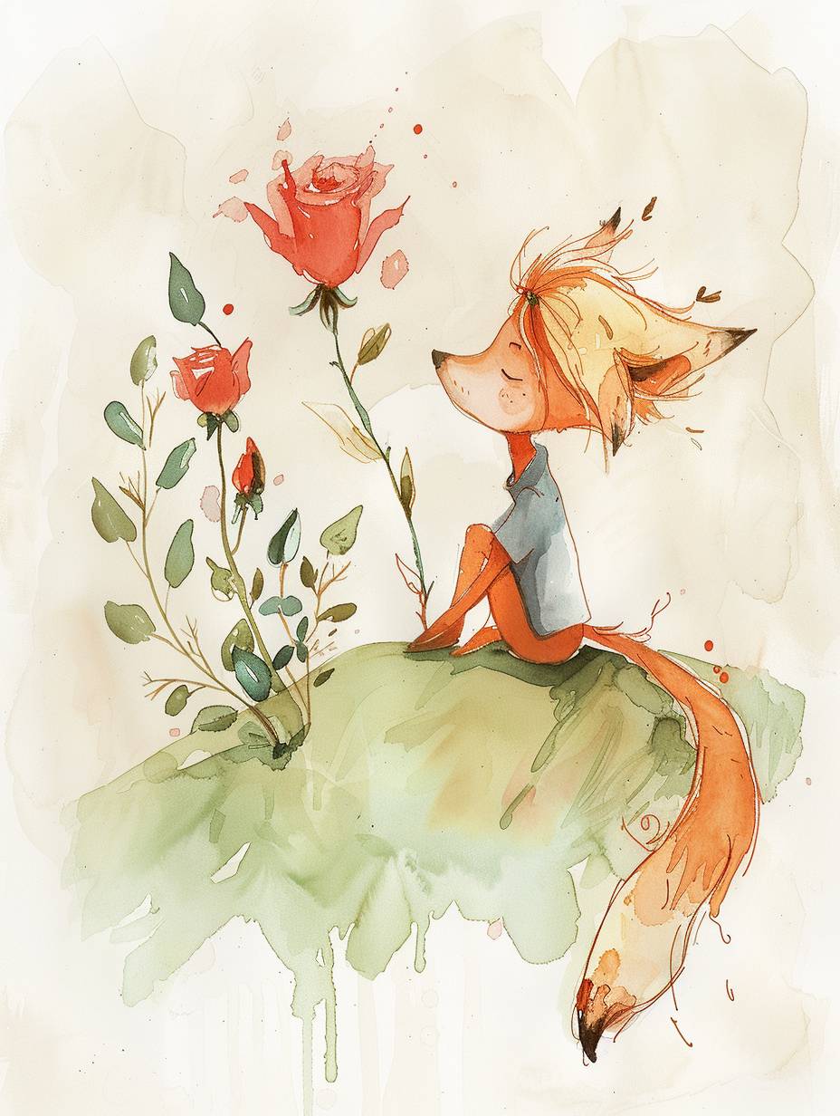 A nursery style watercolor sketch painting of The Little Prince and his Fox and Rose on it --ar 3:4 --stylize 50 --v 6.0