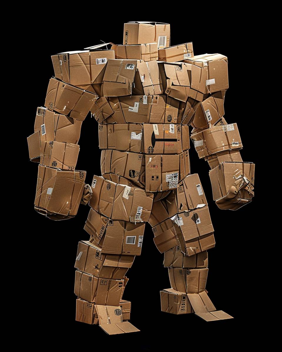 3D videogame animation upper body portrait of a creature made entirely of cardboard boxes, in a wrestling fight position, squared in its shape, only made of cardboard boxes, bubble wrap, tape and shipping stickers, in the style of a Tekken videogame fighter character, half total shot, 00s reference videogame animation style, solid black background