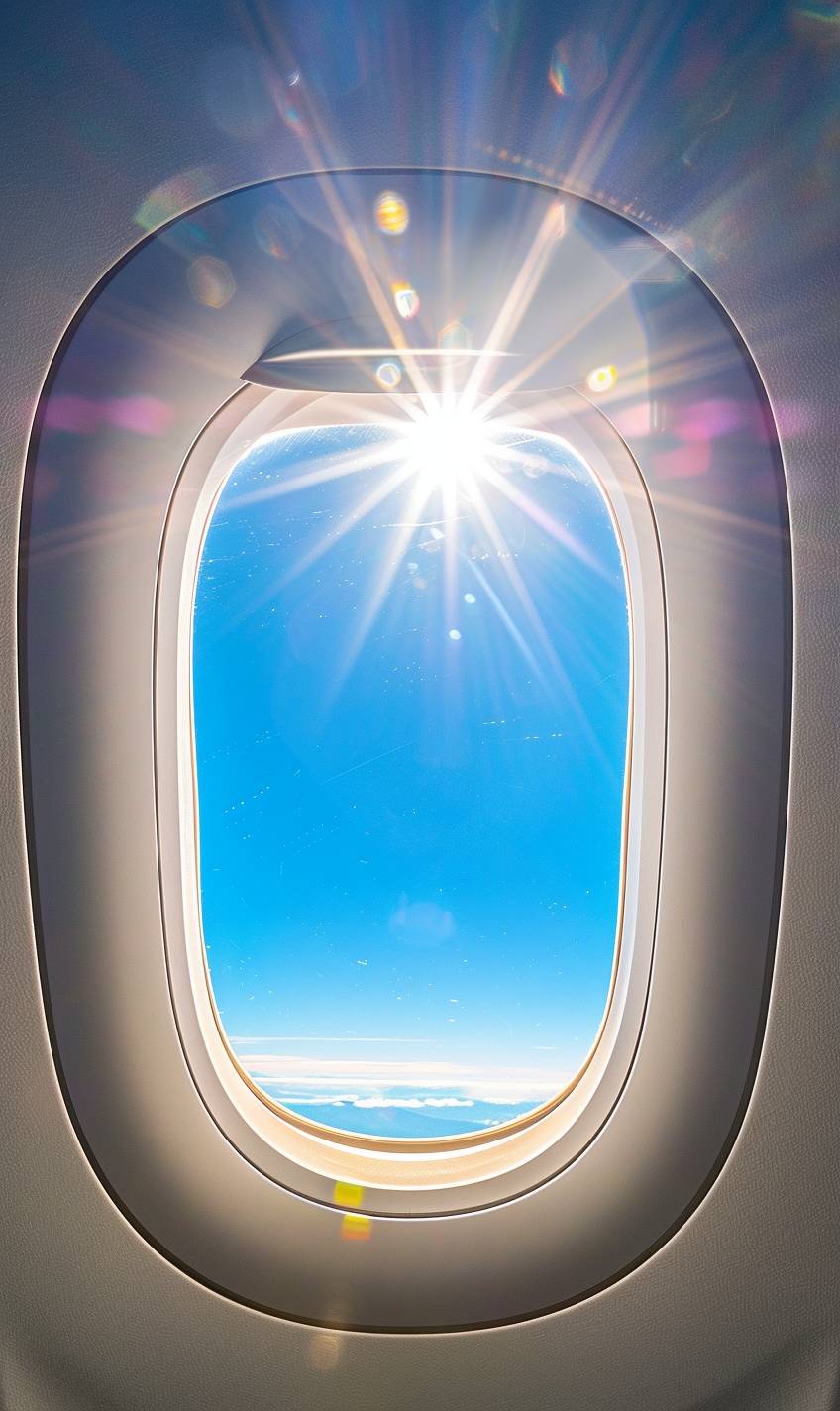 太阳は明るく輝いています。鮮やかな色彩、クリーンな青空に映る飛行機の窓のクローズアップ。内部には白いテーブルがあります。シーンは飛行機の内部から何かを見ることができることを伝えるべきです。ファッション雑誌広告のスタイルで。