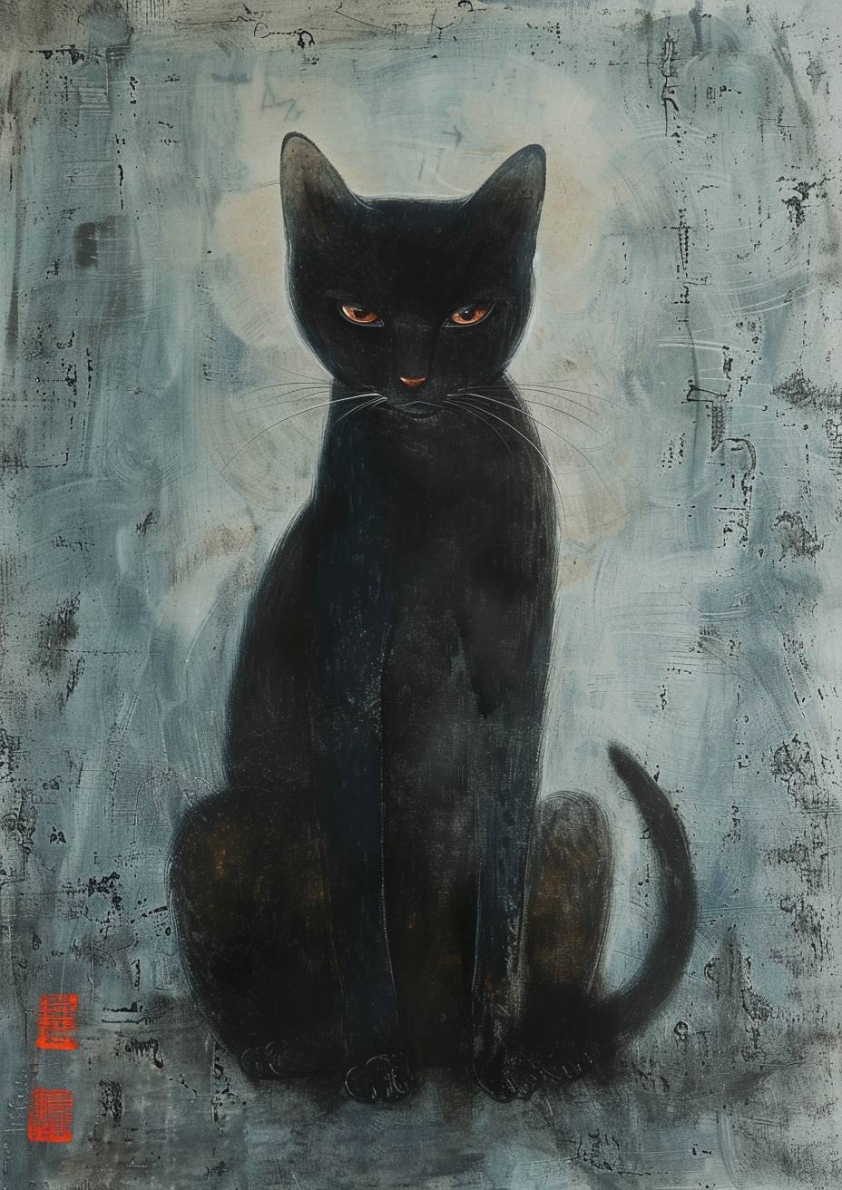 Feline animal painting in the style of Zhang Xiaogang