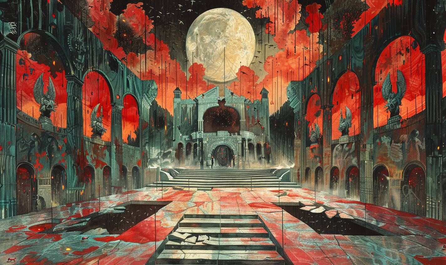 In the style of Kay Nielsen, spectral warriors clash in an ancient arena