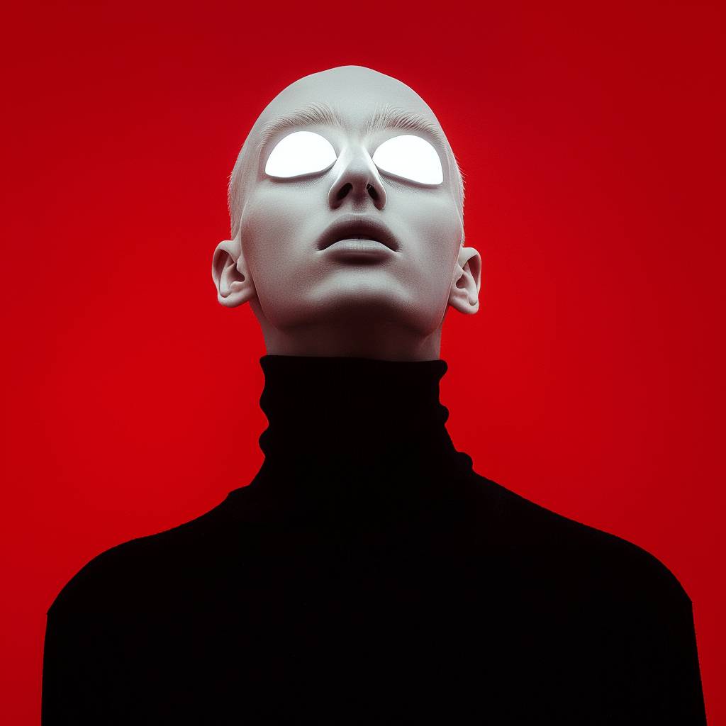A surreal portrait of a minimalistic man with two white glowing eyes and long thin eyelashes, wearing a black turtleneck and posing in front of a red background