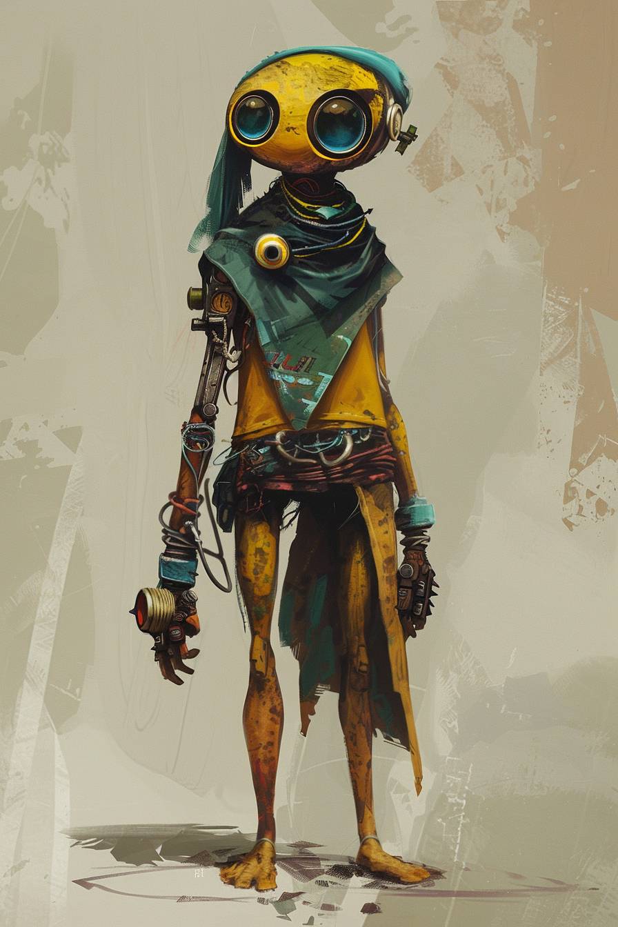 Character concept design in the style of Osgemeos, half-body