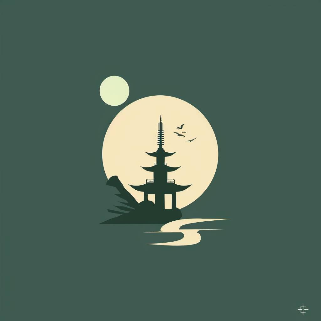 平和な寺院、自然、静けさを表す2Dミニマリストのロゴ
