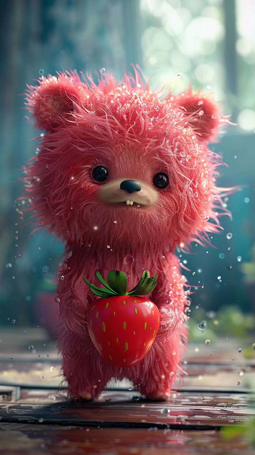 A cute little bear with a strawberry, in Pixar style, phone wallpaper, 8k resolution