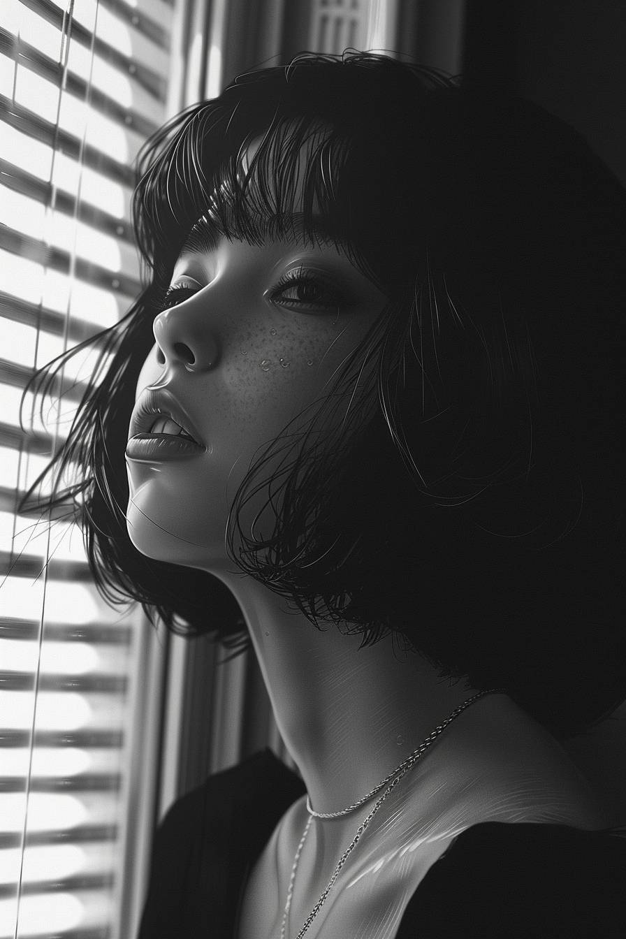 A woman with a bob cut, Japan, Asian, created in the style of Yoshiharu Tsuge, highly detailed black and white ink, comic strip with a dramatic 2:3 aspect ratio, processed with 250 stylizing filters, version 6.0