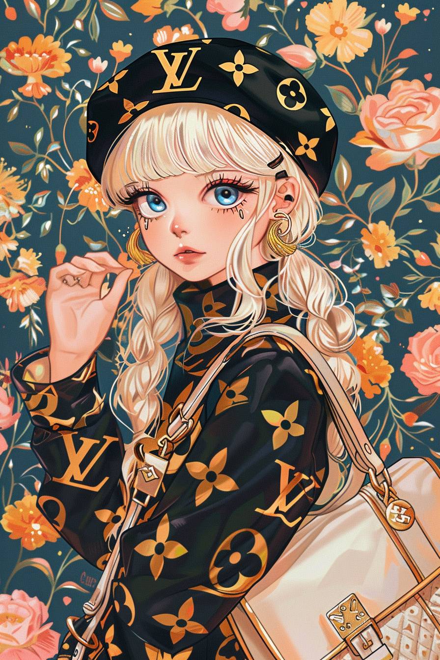 A beautiful blonde girl with blue eyes is wearing a black and gold Louis Vuitton monogram patterned beret hat and carrying a white handbag against a floral background in the style of Hikari Shimoda. The character design is inspired by anime with detailed facial features, colorful caricature, kawaii aesthetic, bold patterns, and typography in the style of Gucci.