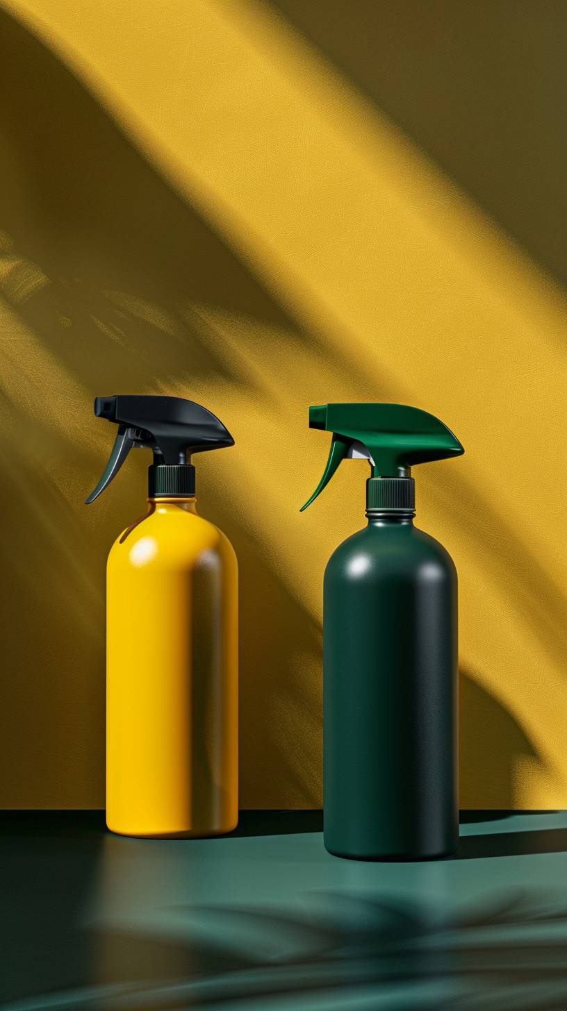 Disinfectant spray bottle product display images for products page hyperrealistic 8K and in green and yellow theme