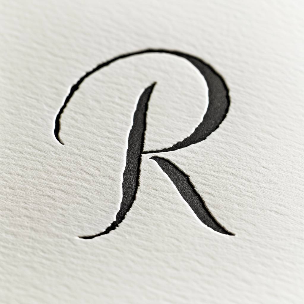 Company logo with the letter R, minimalist, with a white background and black writing