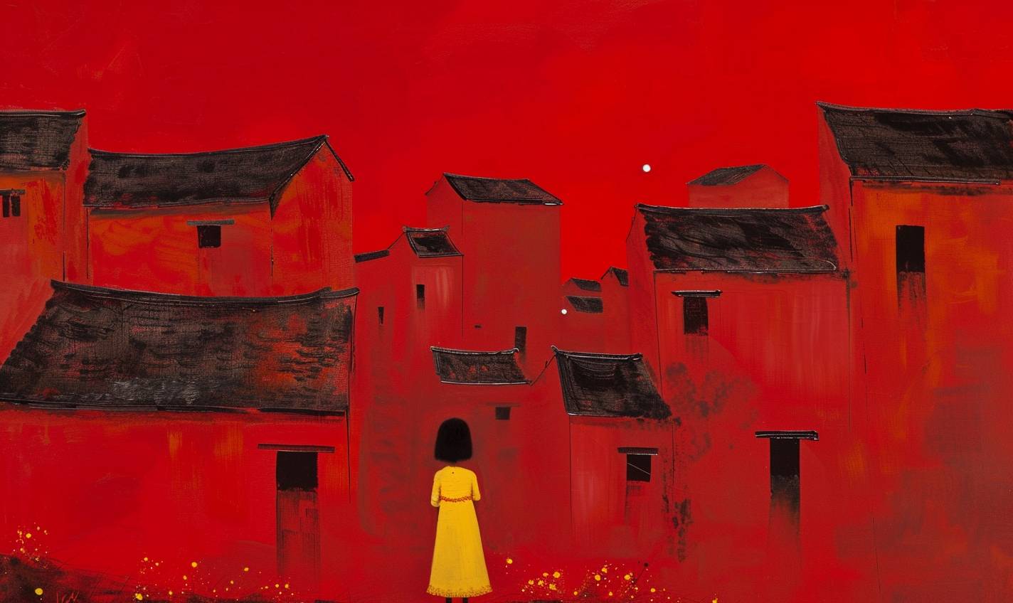 Liu Ye's painting depicting vague childhood memory of beautiful yellow innocence in red village --stylize 75 --v 6.0 --ar 5:3
