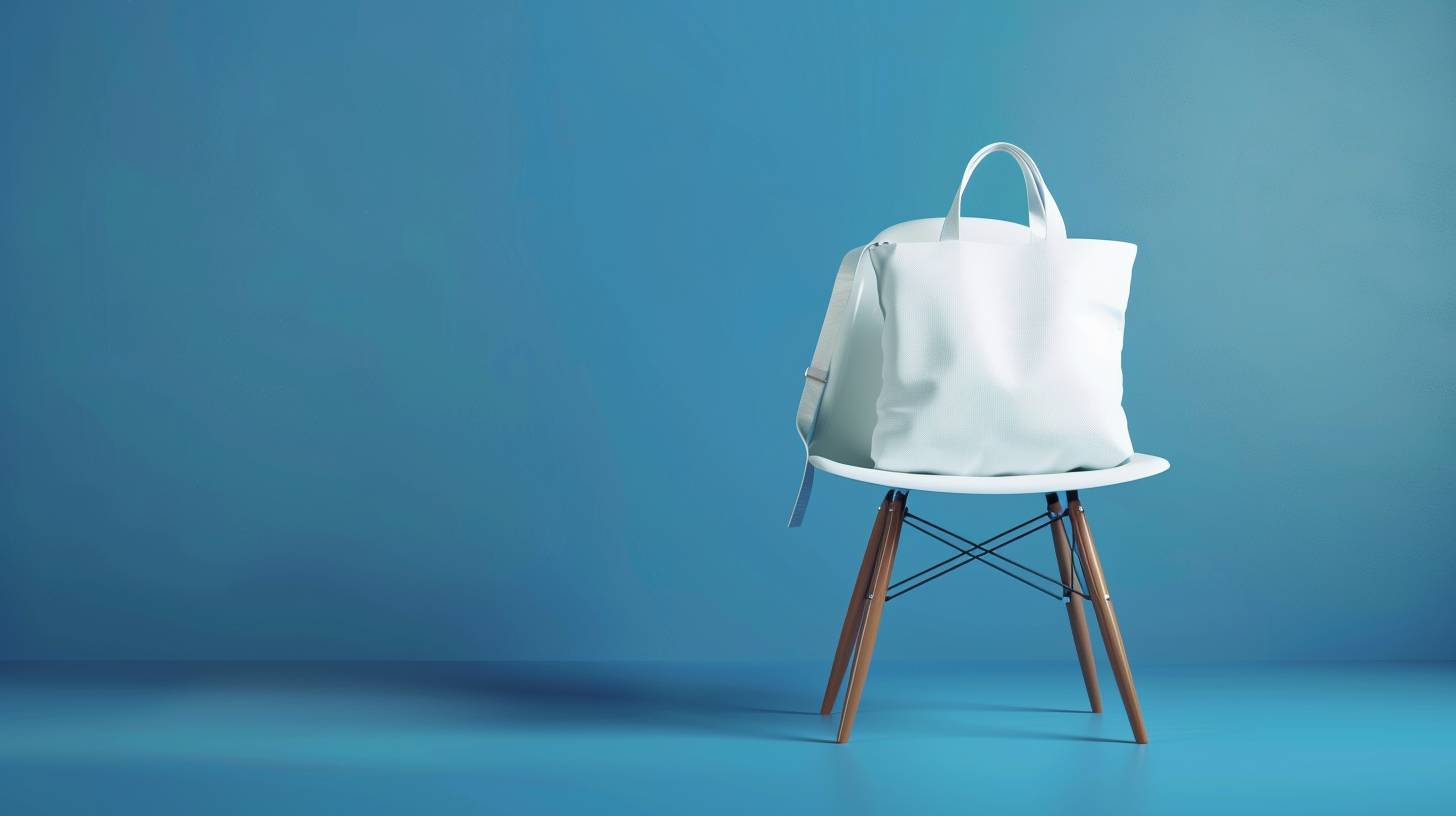 椅子の上に置かれたリアルな白いトートバッグ、青い無限背景
