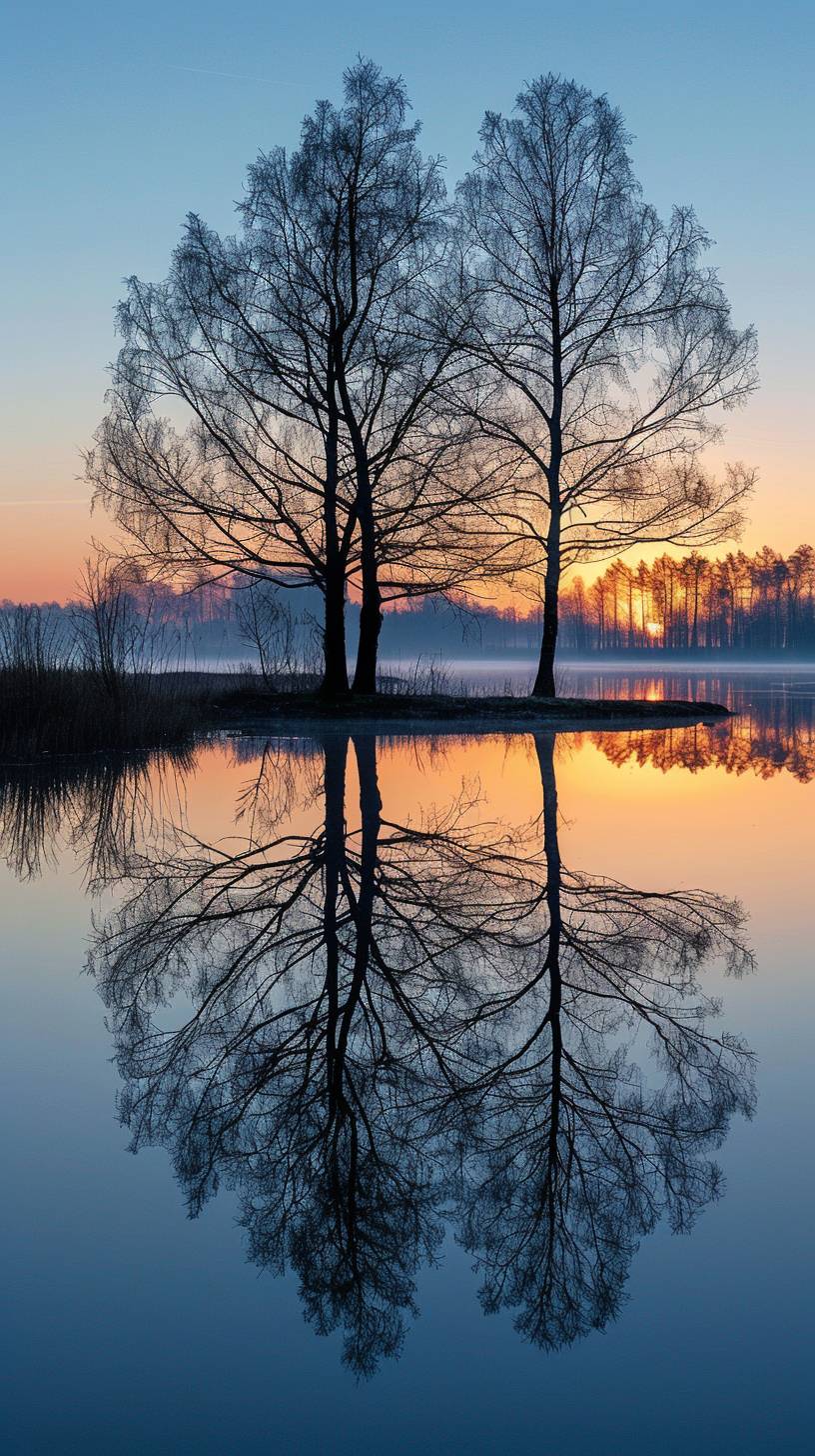 Quiet morning sunrise, reflection on water, trees, clear sky, neutral emotional colors, lake