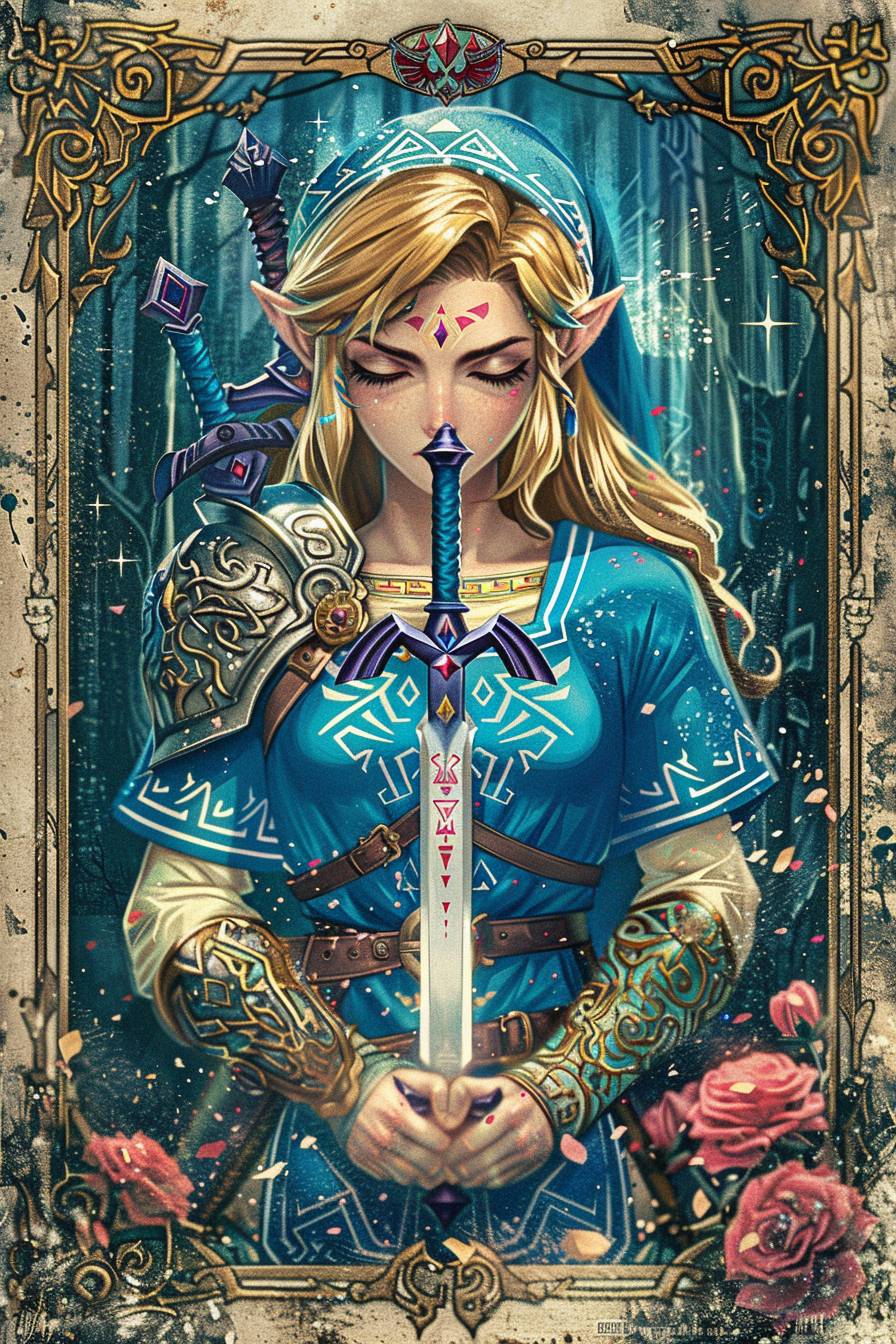 A holographic tarot card featuring the Tears of the Kingdom version of Princess Zelda --chaos 4 --ar 2:3 --personalize j9g24rr --stylize 250  --v 6.0