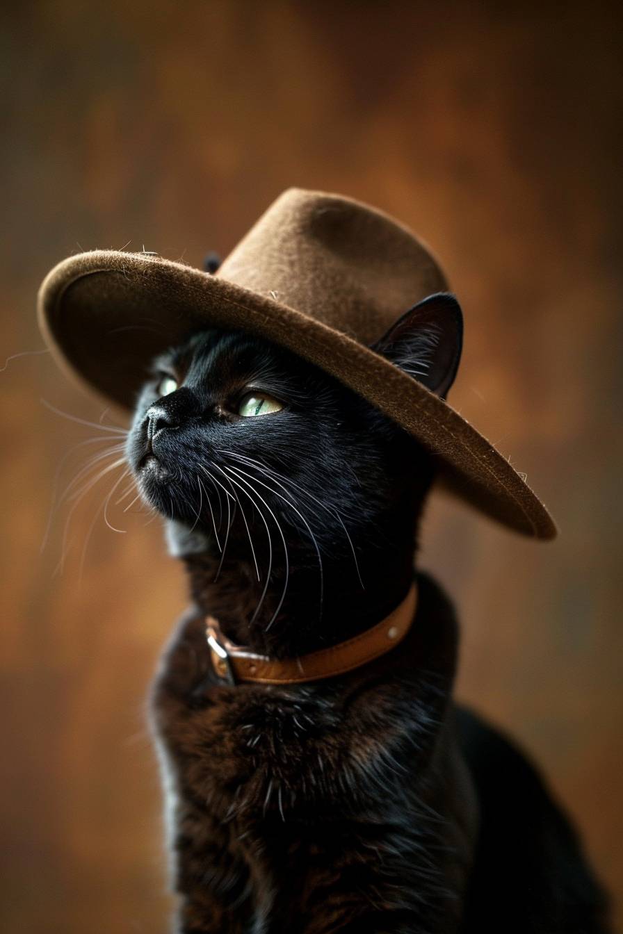 痩せた、短髪の、スリムな黒猫が、幅広の茶色のフェドラハットを誇らしげにかぶり、考古学者になる夢を見ている。柔らかいオリーブブラウンの質感のスタジオの背景。