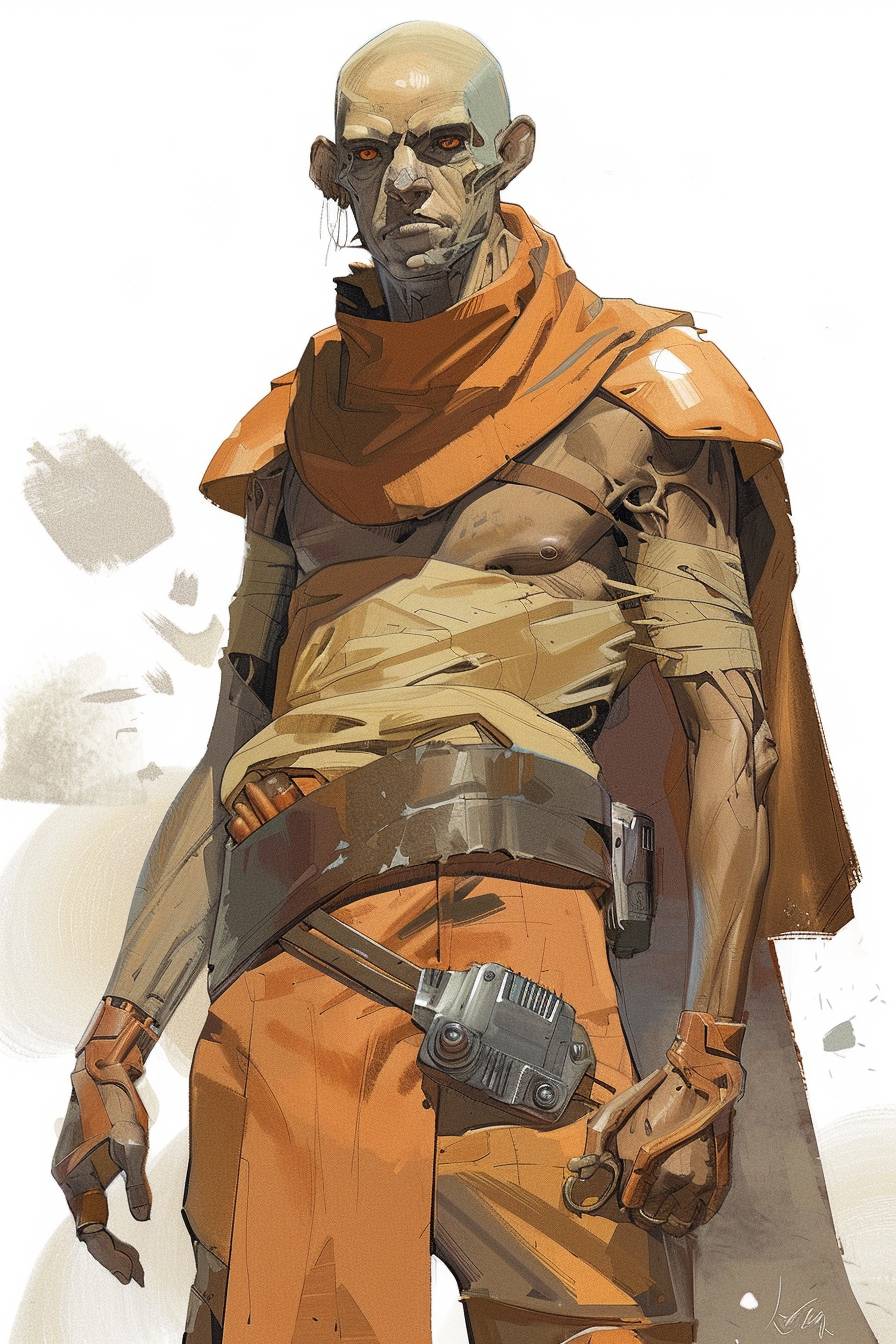 In the style of Ralph McQuarrie, character concept design, half body
