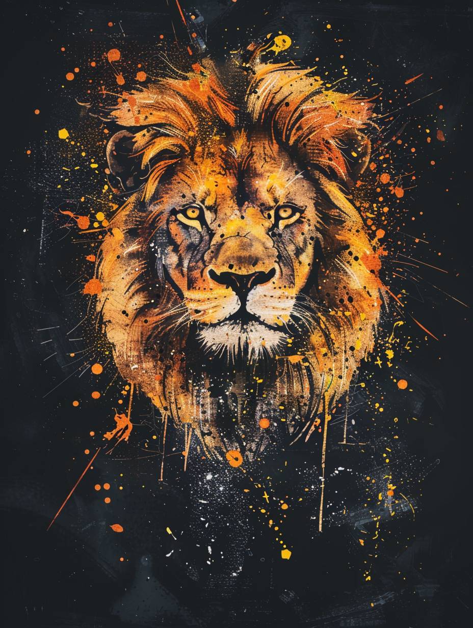 Majestic Lion in a painted style with colored paint splatters, amber and gold colors on a black background