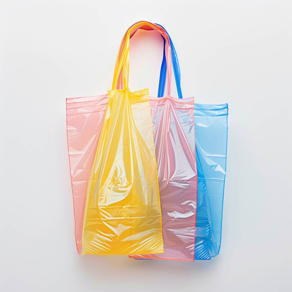 デザイン/ロゴの入ったフラットなプラスチック製ショッピングバッグの上からの写真、[色]のカラーパレット、真っ白いバックグラウンド