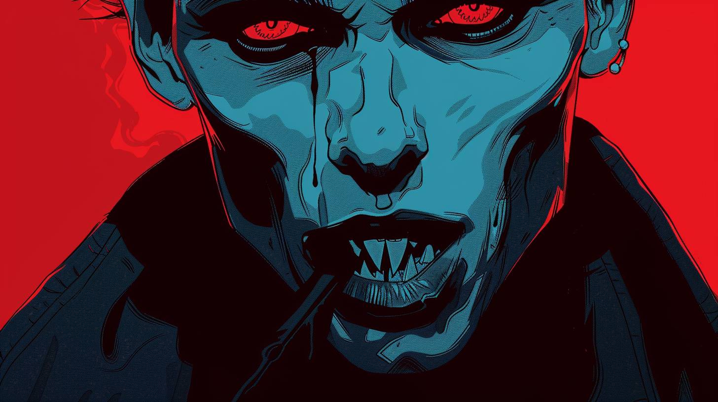 Close up of a vampire [creature] | fangs showing | Machinepunk | modern flat SVG Moebius pulp comic art | low saturation cyan and garnet colors