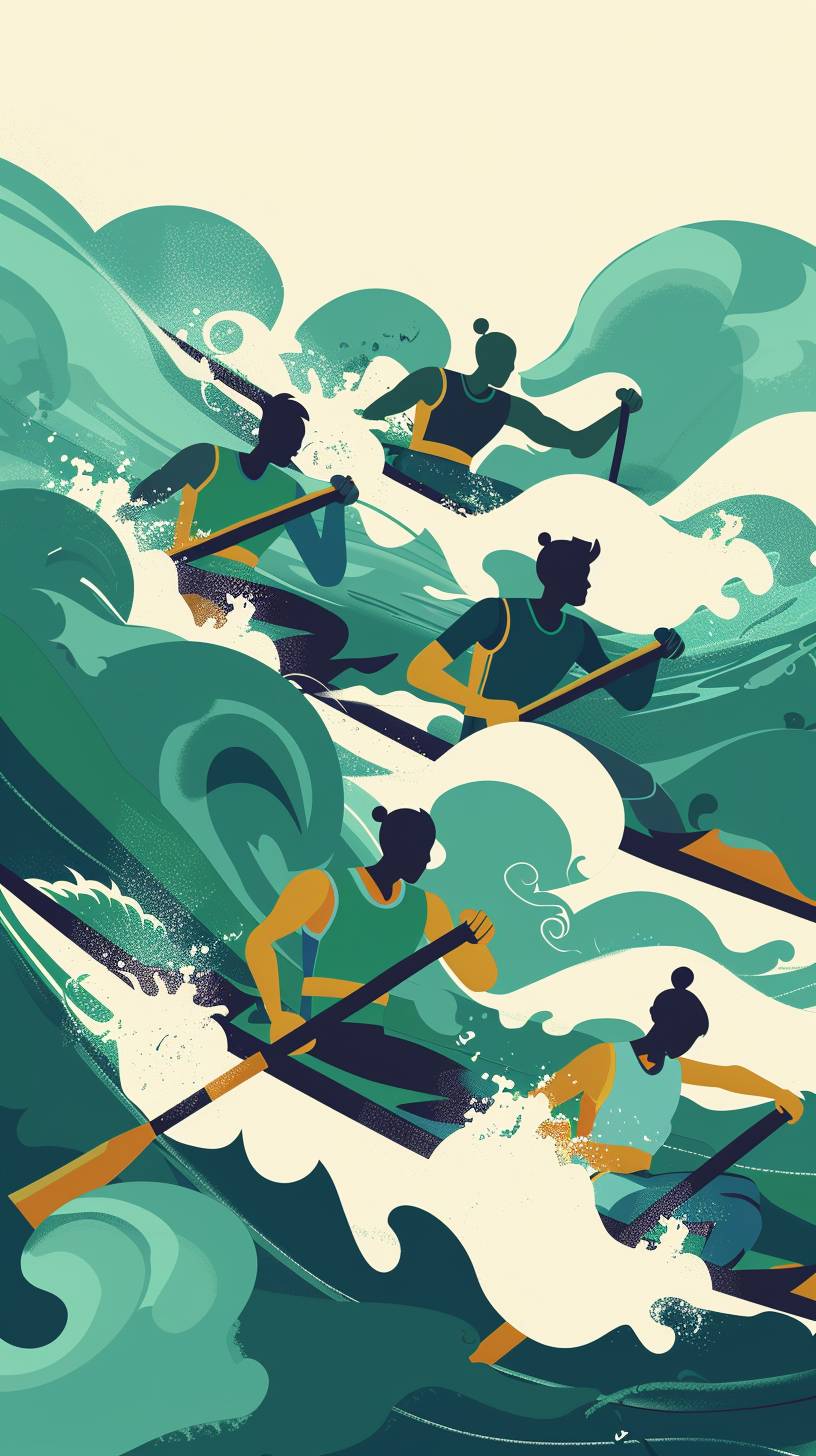 A group of people in the water for dragon boat racing, paddling with waves, blue and green tones, minimalist, design sense, illustrative design