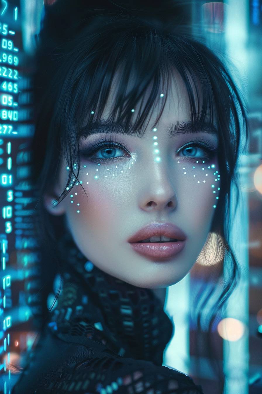 Beautiful black hair and blue eyes, bold makeup with dots, an elegant outfit, and defined lips. The background features digital elements and numbers, creating a futuristic atmosphere.