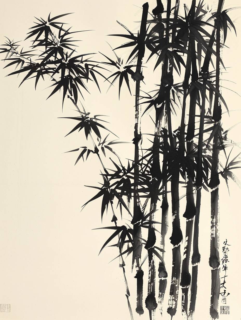 竹林の水墨画、2色の描画、シンプルで芸術的