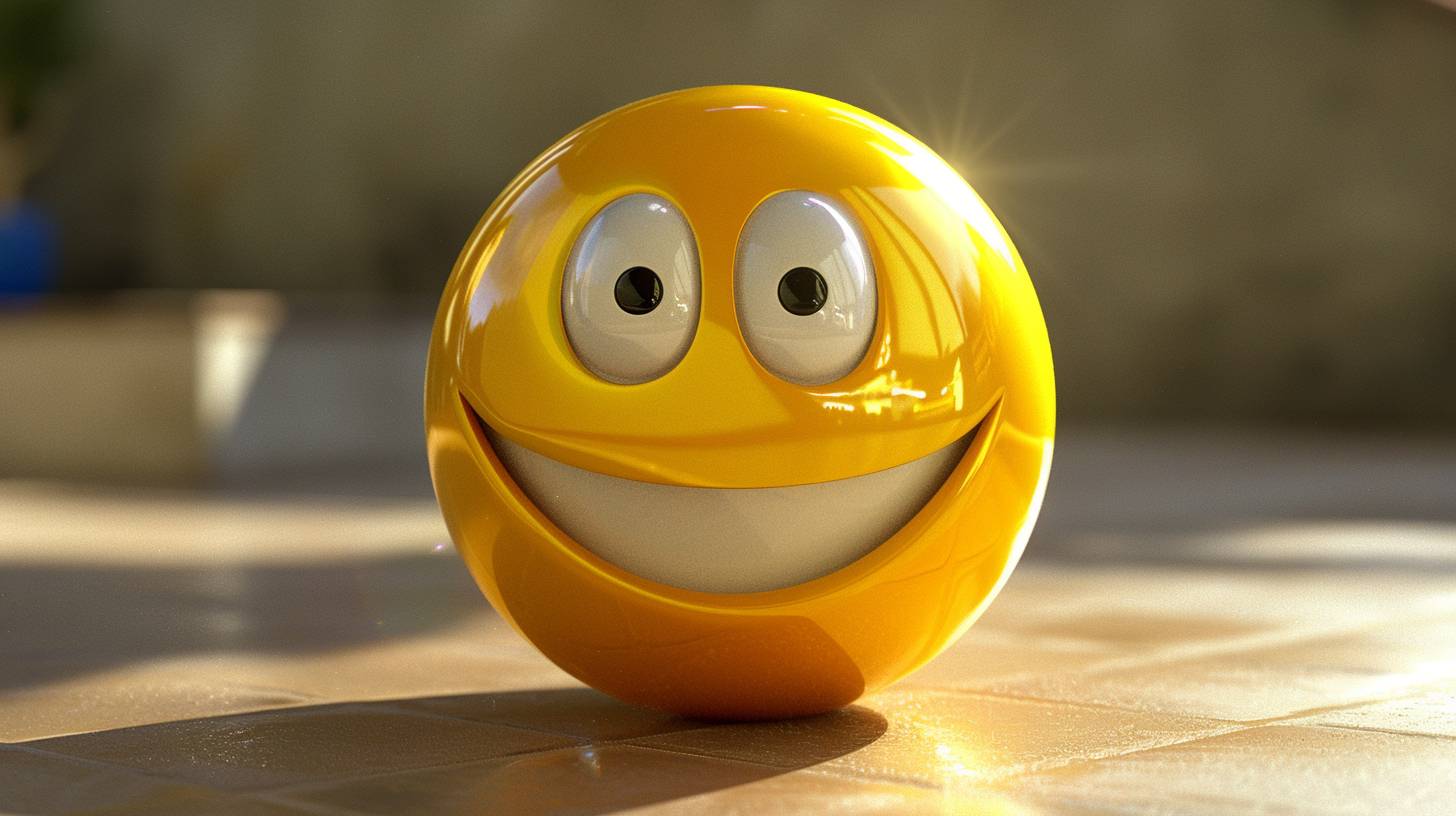 3D黄色のボール、幅の広い口元で微笑む、hdr