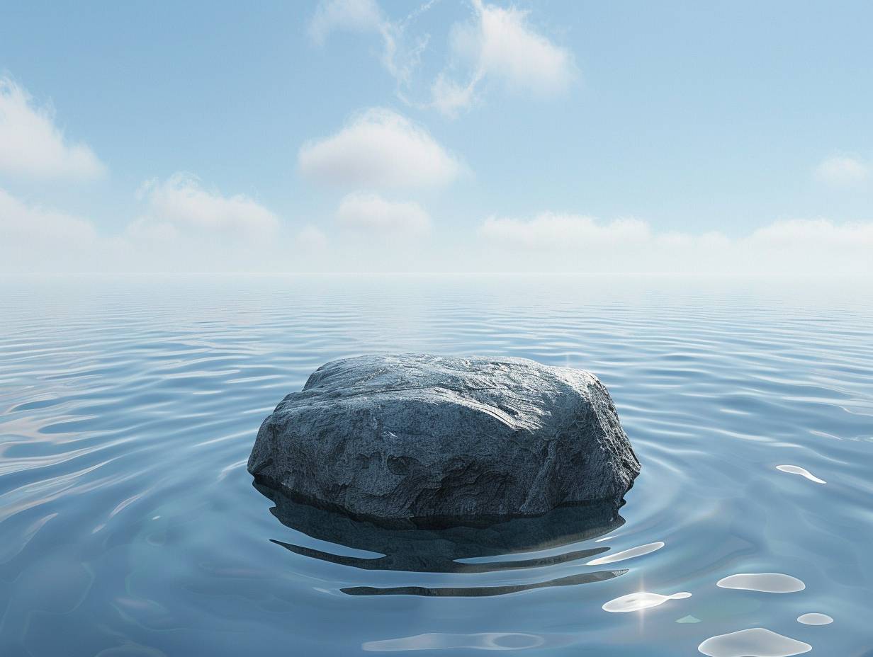 Create a huge gray rock floating on the water surface, with circles of water marks around the stone. The stone is located in the lower fifth of the entire picture, with a bright blue sky background with a small amount of white clouds, ocean horizon, minimalism, high resolution, ultra-high quality, high details, volumetric lighting, bright lighting, minimalist background, C4D modeling, OC rendering, realistic photos, photography, mid focus lens, close-up
