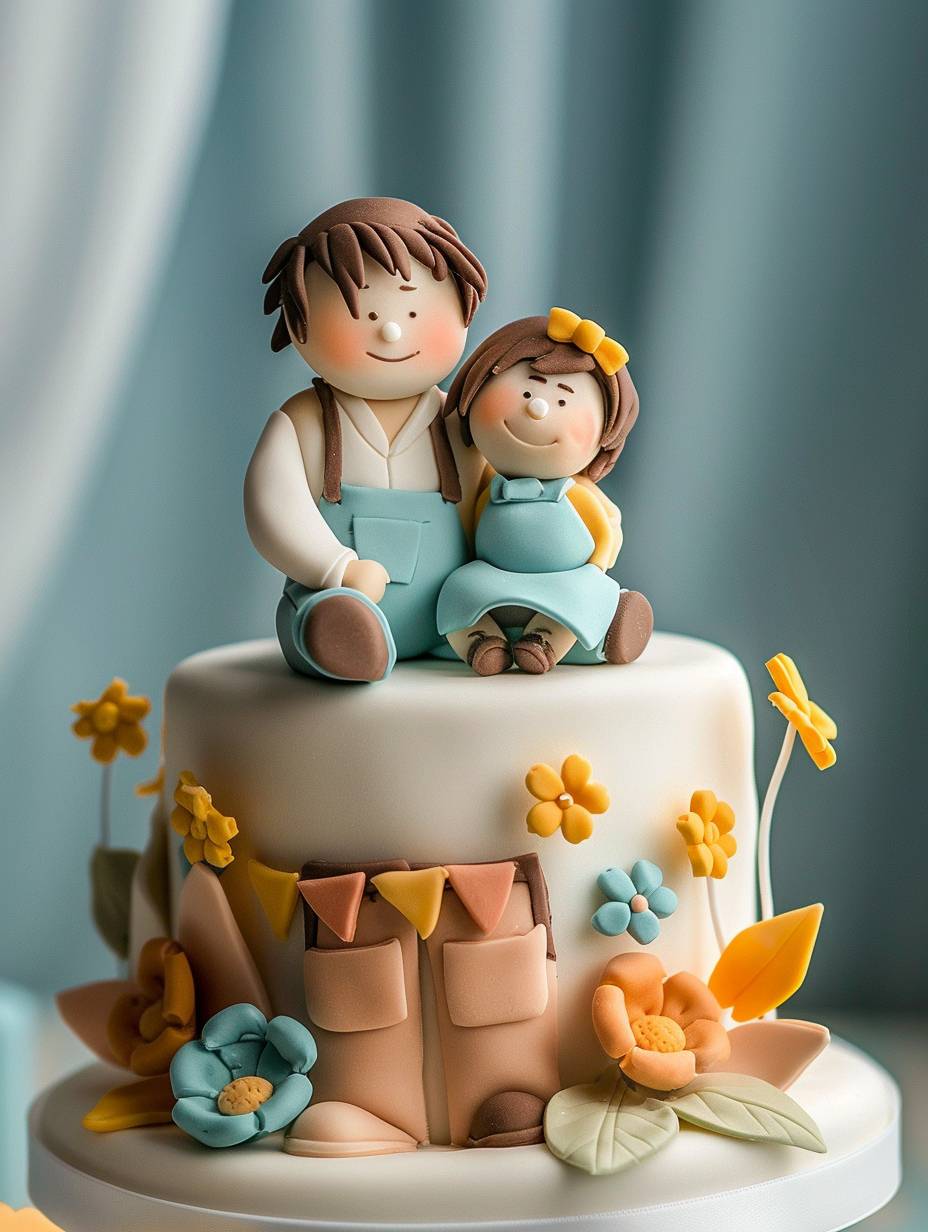 Commercial photography of a cake featuring a cartoon figure of a father holding a child as a decoration on the cake, creative cake for Father's Day, simple style, creative advertising poster style, ultra HD