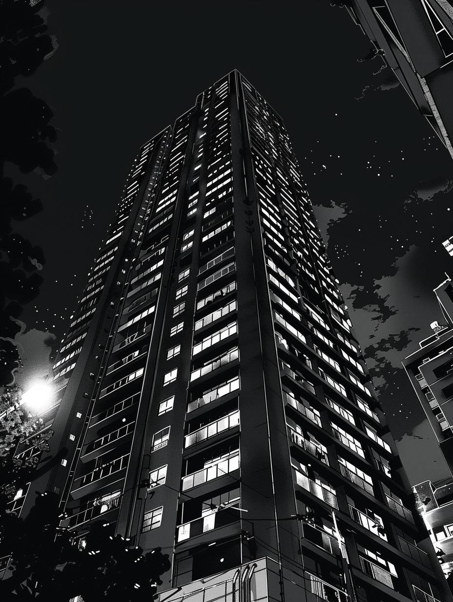 Wide shot of a tall condo in the skyline. The highest floor has a special deluxe design exterior layout. The setting is midnight. Monochrome manga art style with G-pen texture.