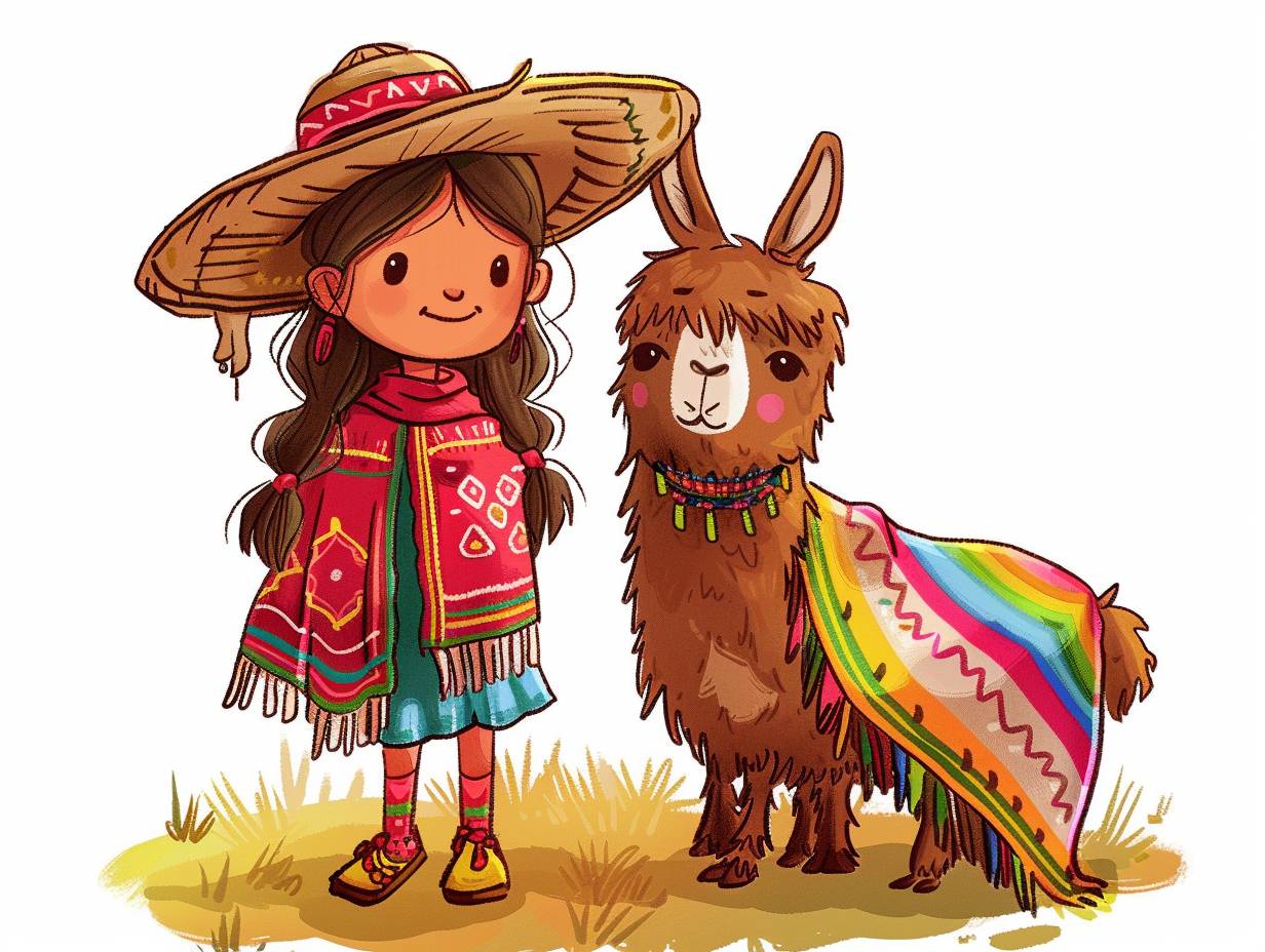 Hand drawing cartoon style 2D stick figure of a Quechua girl and her llama, wearing a colourful poncho, very detailed, high quality