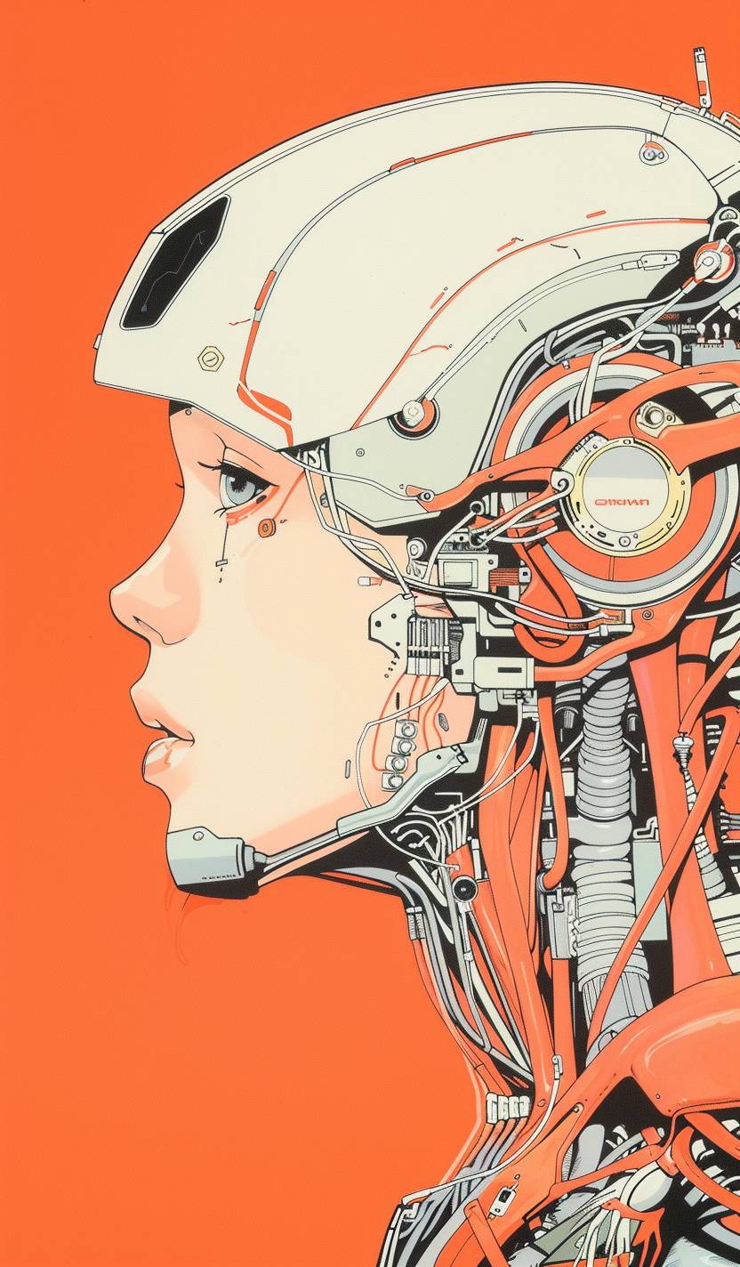 A female cyborg drawn by Katsuhiro Otomo with muscles and mechainal parts mixed, solid pale pastel orange background, inspired by Moebius, portrait, redish peach and white, tubes and wires coming from the back of her head, anatomical visible circuitry, sci-fi, hyper surreal, unique and refreshing design, elegant, biological machine, high contrast between colors, the side of her head is open, clean white metal faceplate, inspired by Giger, hyper detailed, cyberpunk