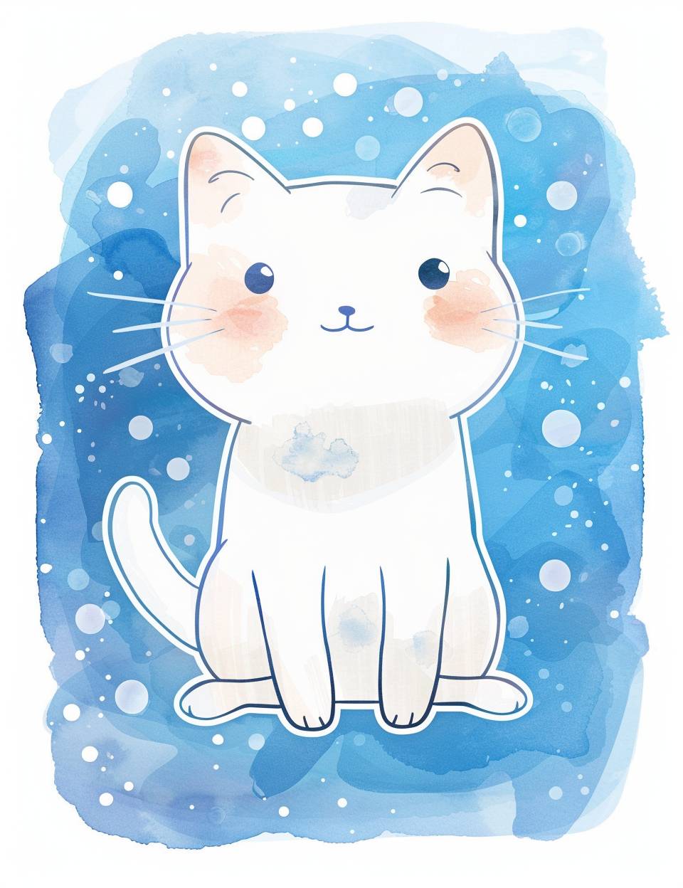 A cute cartoon white cat with a blue watercolor background sticker, a simple flat illustration in the style of Henri Matisse and Ryo Takemasa.