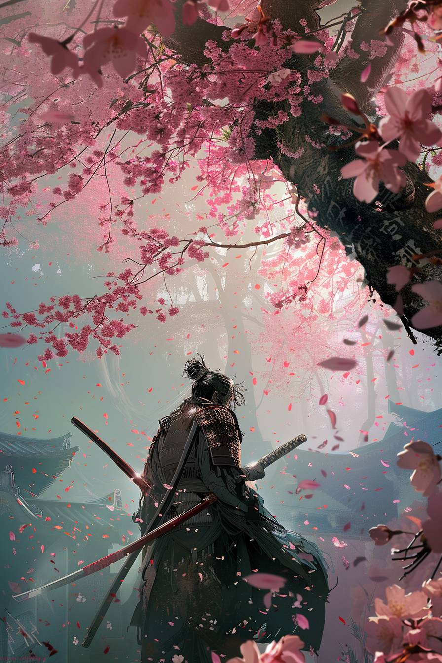 In the style of Makoto Shinkai, a samurai warrior honing skills under cherry blossoms