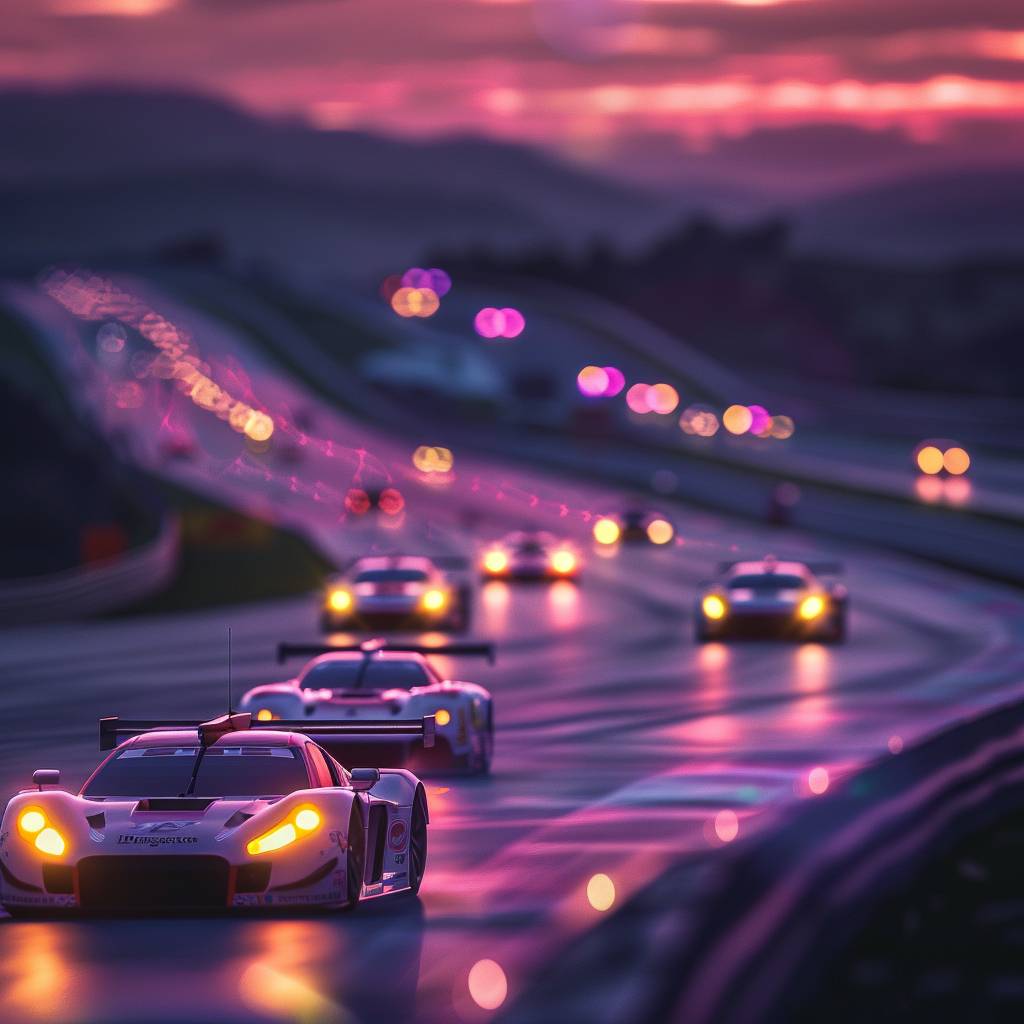 夕暮れの間耐久レースカー、HD壁紙、ソニーアルファA7 III、点描の精度、ティルトシフトレンズ、暗いトワイライトパープルと明るいヘッドライトイエロー