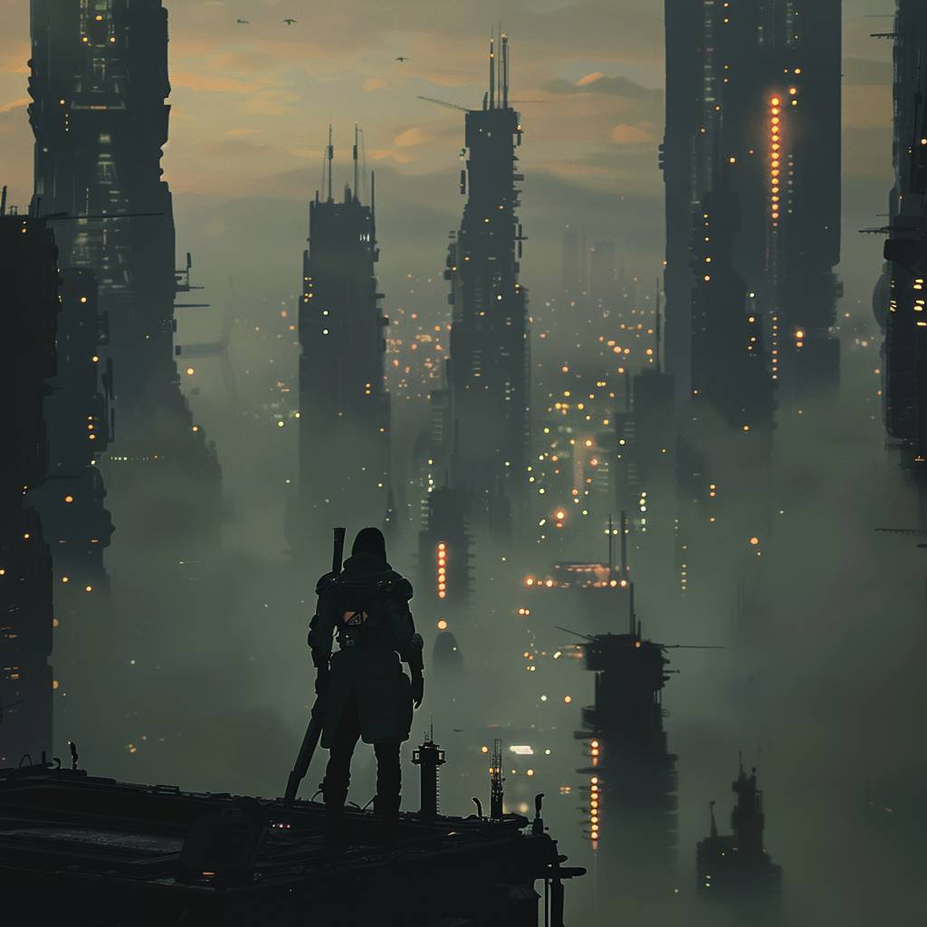 A silhouetted figure of a warrior standing on a ledge overlooking a futuristic, dystopian city skyline shrouded in fog and haze, with skyscrapers emerging from the mist and glowing lights in the background