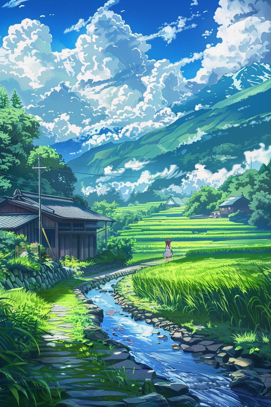 Beautiful scenery of the green rice fields, blue sky and white clouds in summer with clear stream water flowing through it. There is an old wooden house on one side of the river, surrounded by mountains. In front there was a woman wearing light walking along the road. The style is fresh and colorful, in the style of anime, with high definition.
