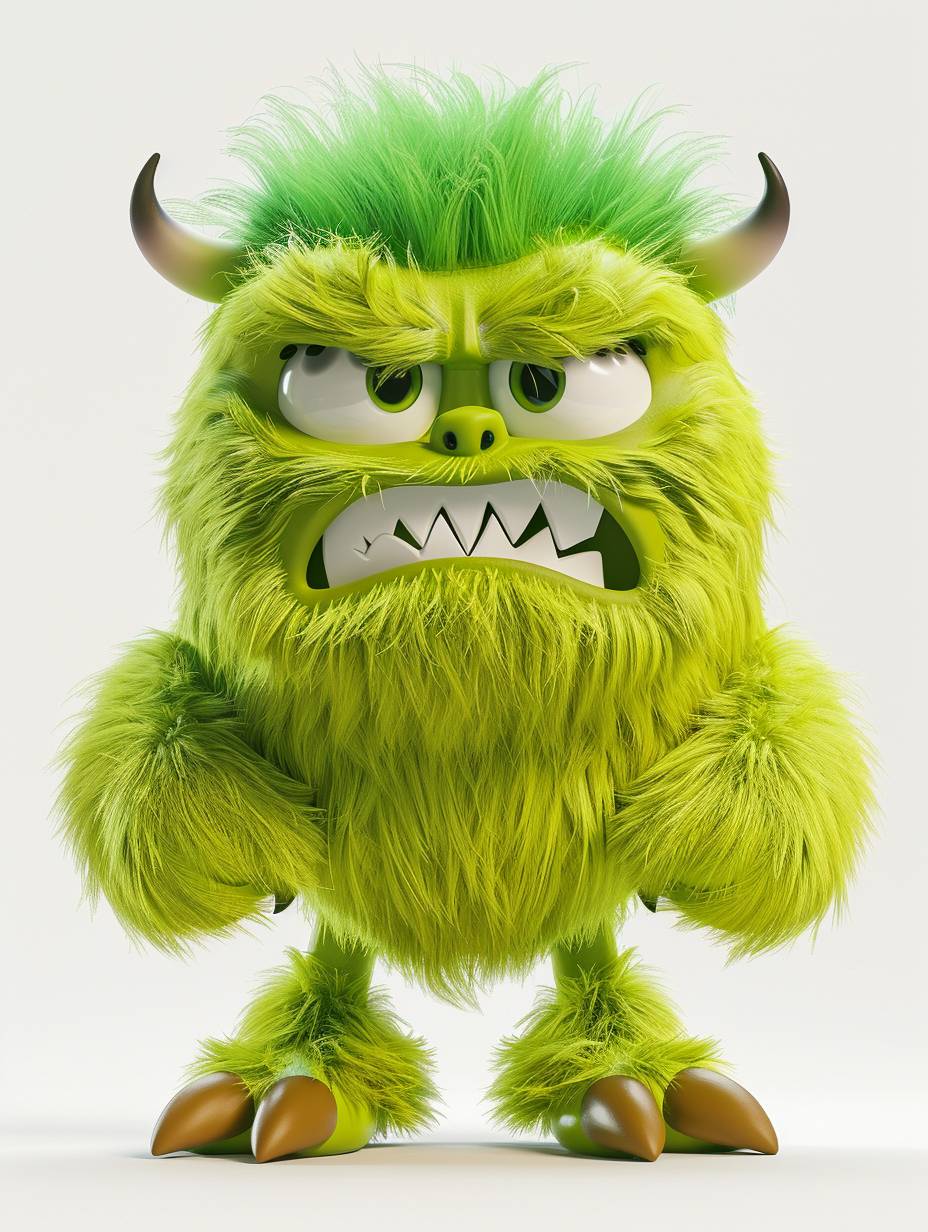 3D cartoon game scene, create a big tall green hairy girl monster, very hairy and strong, cute face, hyper detailed, white clean background, 8k.