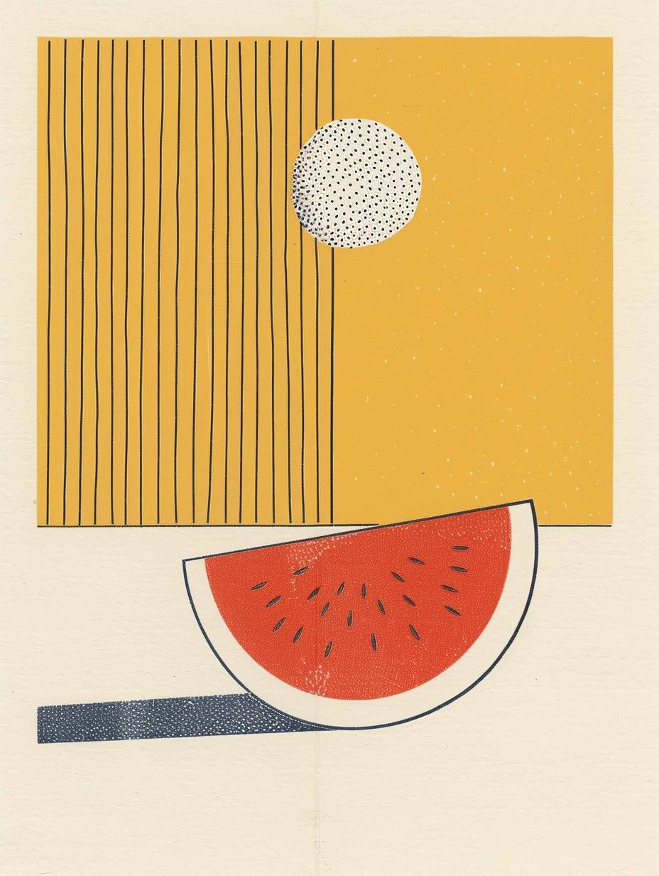 A slice of watermelon painted in the style of Maira Kalman, cute and simple with a yellow background and light green color scheme using lovely pastel colors in a minimalist style creating a retro atmosphere.