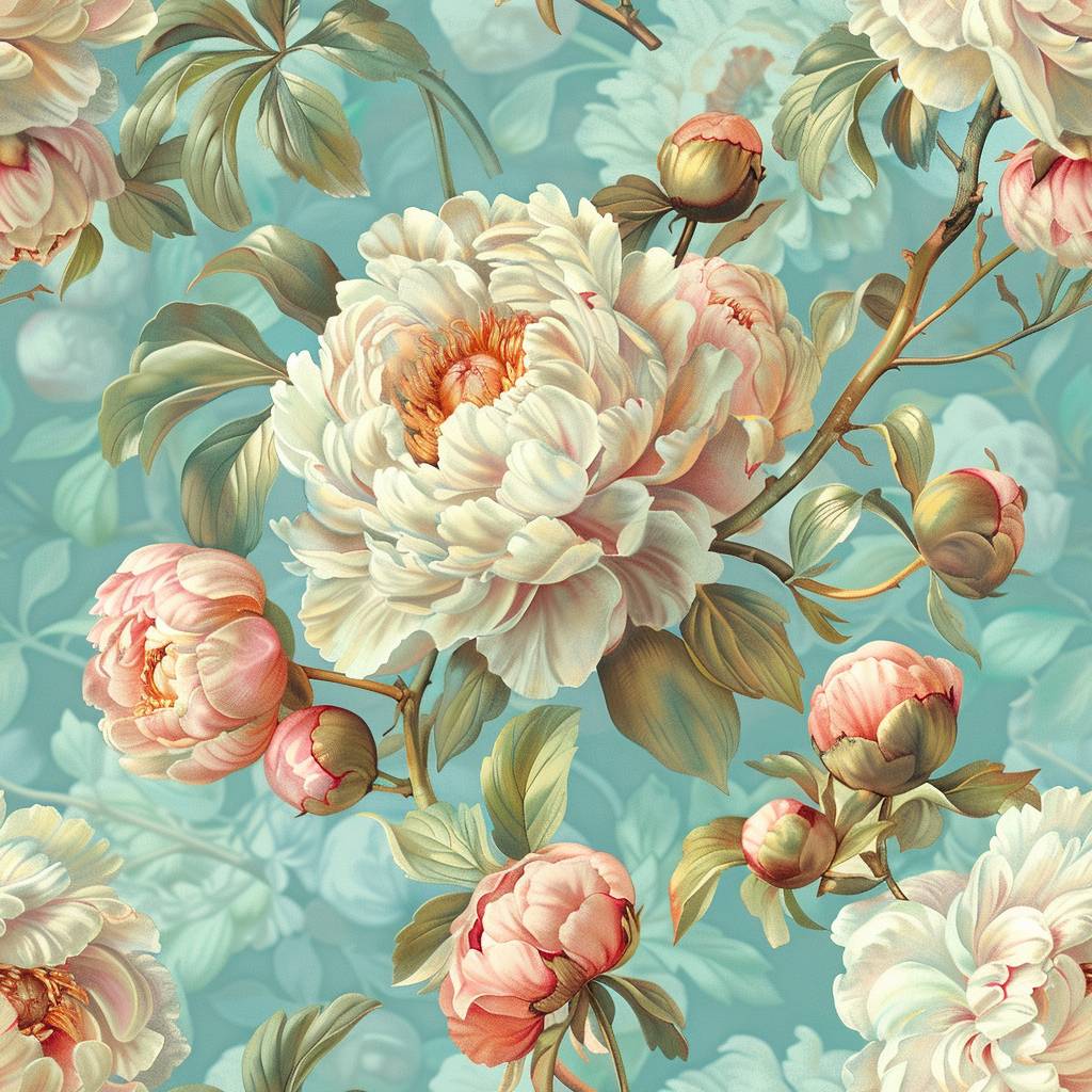 Peonies and buds, Baroque Jean-Honoré Fragonard style, seamless wallpaper, pastel colors on a teal blue background, large repeat.