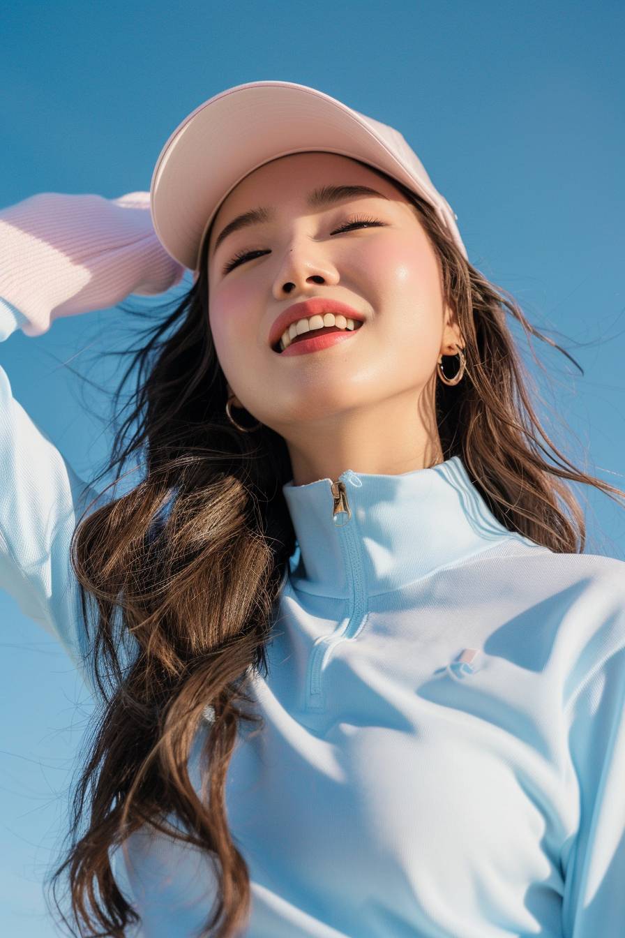 Korean golf model wearing golf wear, 26 years old, glamorous woman, smiling, beauty, background is a fashion photography studio, colorful sky blue, muted colors