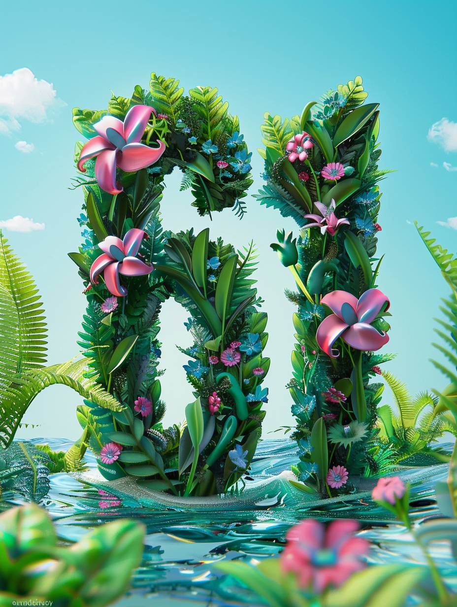 数字「61」は水と花に囲まれ、背景には青い空、前景には緑の植物があり、中央に配置された3Dポスターデザインで明るい色彩で表現されています。カートゥーン風で遊び心のあるスタイルです