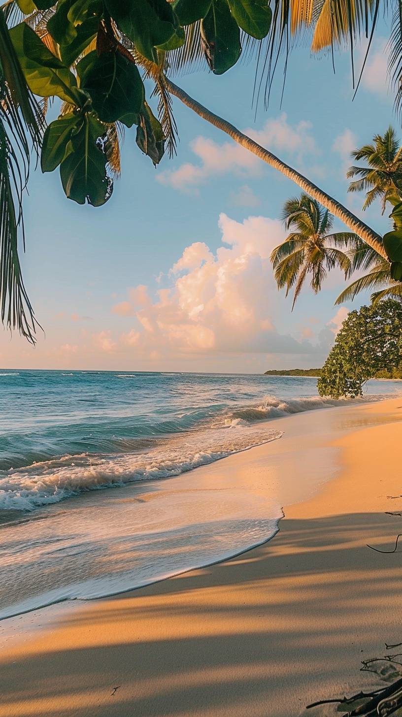 A photograph of a paradise island at dawn, with a sandy beach and an azure ocean. The scene is imbued with a sense of bliss, tranquility, and wild, pristine beauty. The first light of the day casts a golden hue over the beach, with gentle waves creating a soothing rhythm. Palm trees and tropical plants frame the view, and the sky is a blend of soft pinks and oranges. The overall atmosphere is calm and enchanting. Created Using: Nikon D850, golden hour photography, natural light, soft focus, wide-angle lens, pastel colors, HDR, beach landscape.