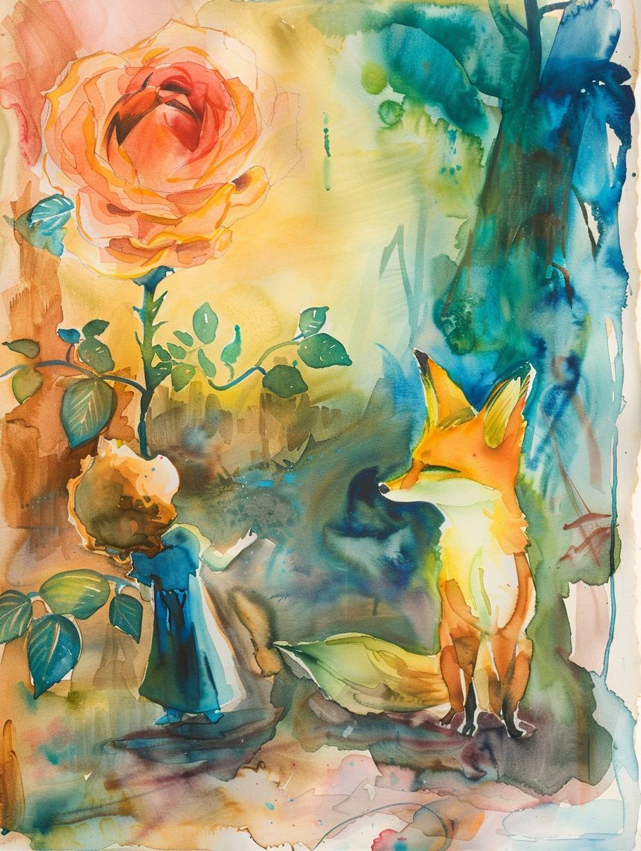 A nursery style watercolor sketch painting of The Little Prince and his Fox and Rose on it --ar 3:4 --stylize 50 --v 6.0