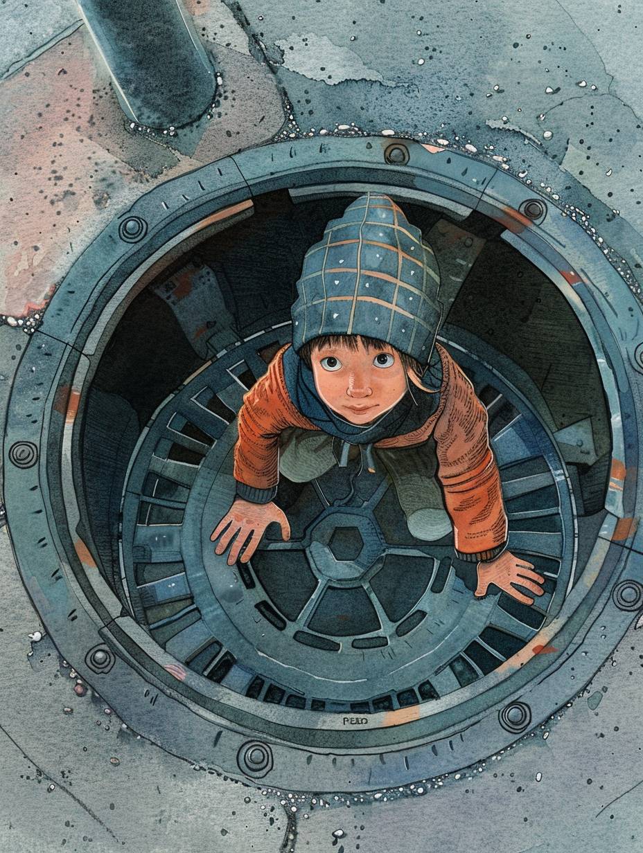 The child fell into the manhole cover, Children's illustration style