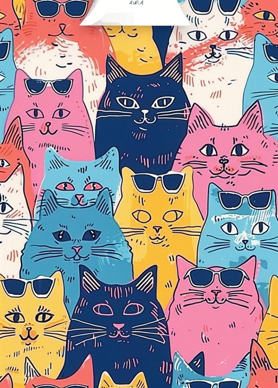 A pattern of colorful cartoon cats with different expressions and colors, such as pink or blue, wearing sunglasses on their heads.