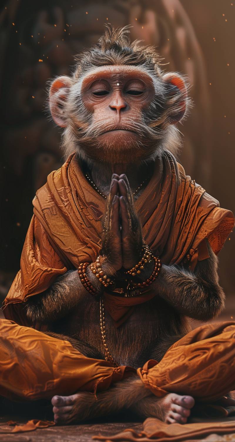 僧侶の服を着た猿が、手を組み、脚を組んで座禅をしている様子。ディズニー・ピクサー風のカートゥーンで、可愛らしい、映画的なショット、ハイパーリアル。